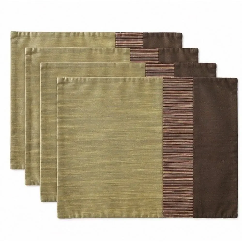 Crate Barrel Taja Silk Placemats Set 4 Green Brown Striped 14x19 India Modern